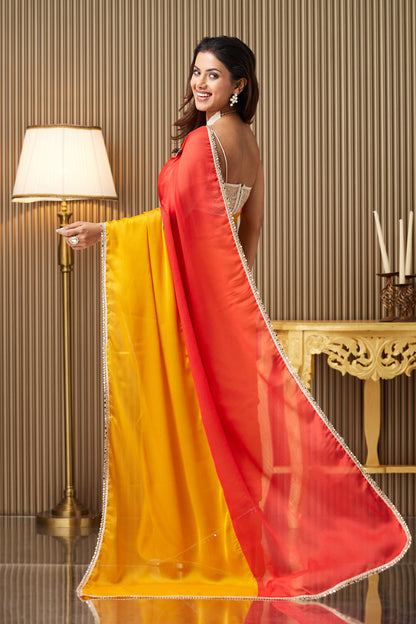 Yellow Red Colorblocked Chiffon Saree With Blouse