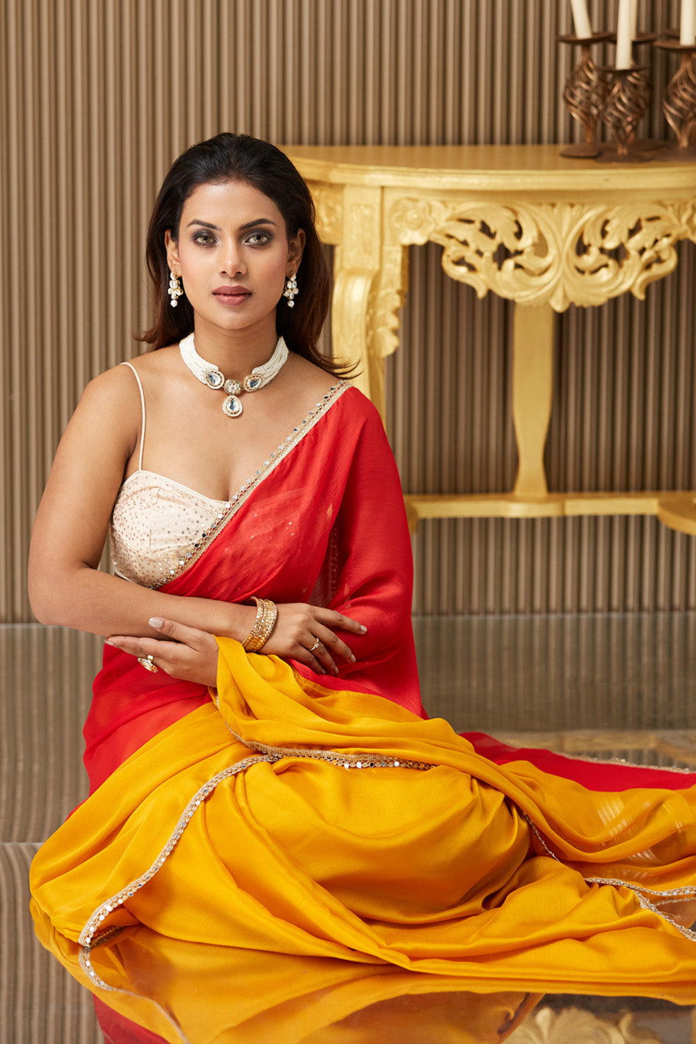 Yellow Red Colorblocked Chiffon Saree With Blouse