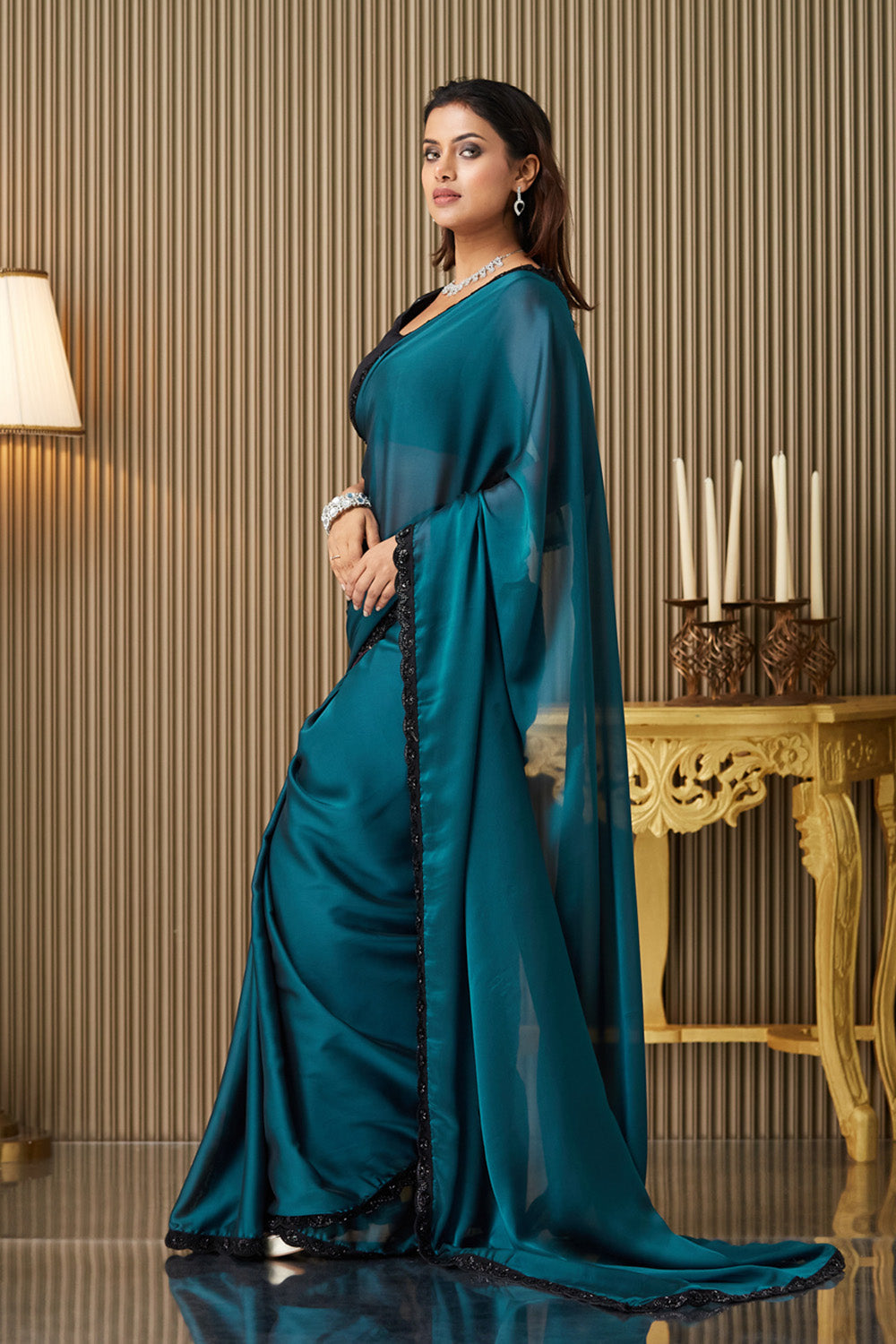Teal Blue Georgette Saree With Blouse