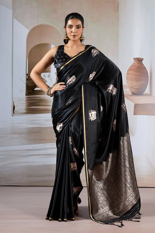 Black Cow Motif Satin Weave Saree With Blouse