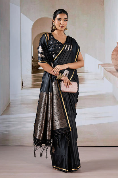 Black Cow Motif Satin Weave Saree With Blouse