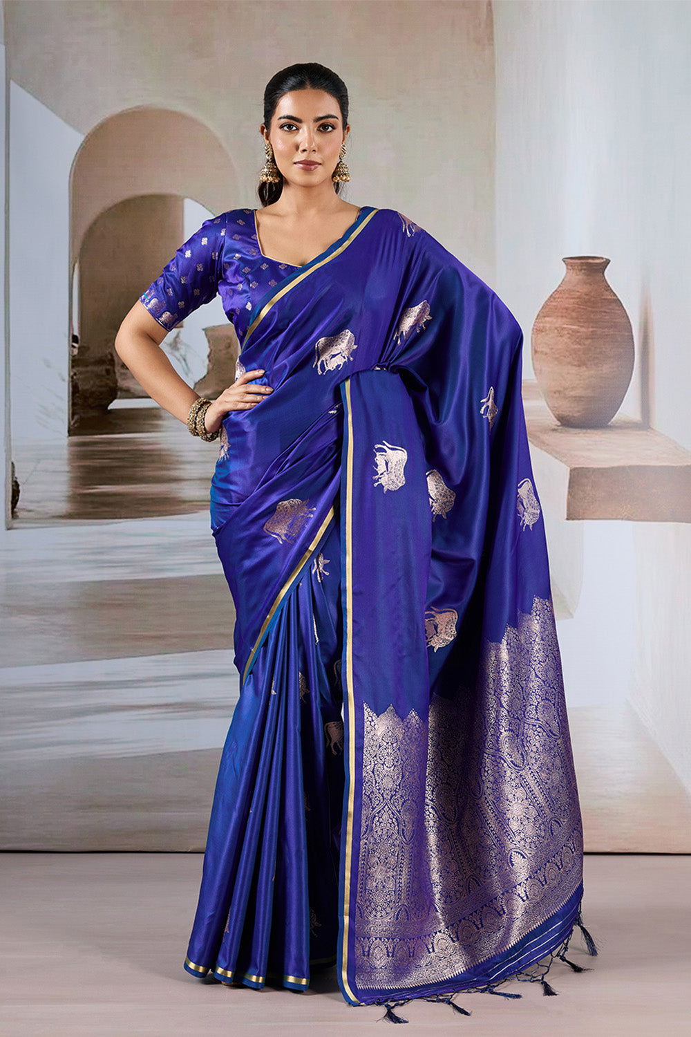 Navy Blue Cow Motif Satin Weave Saree With Blouse