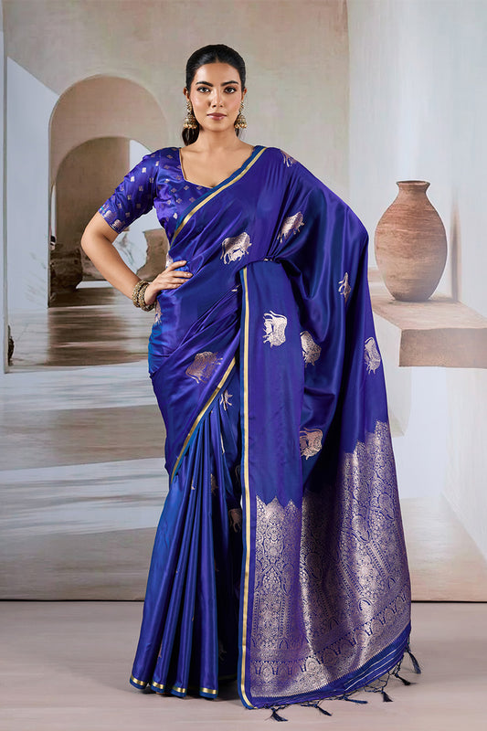 Navy Blue Cow Motif Satin Weave Saree With Blouse
