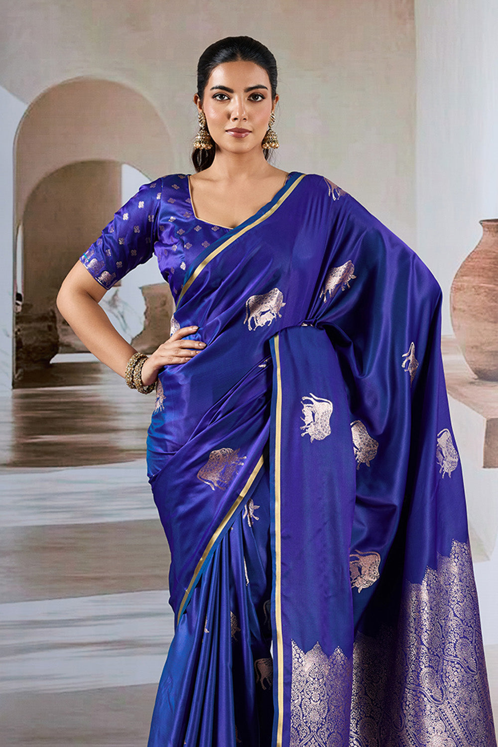 Navy Blue Cow Motif Satin Weave Saree With Blouse
