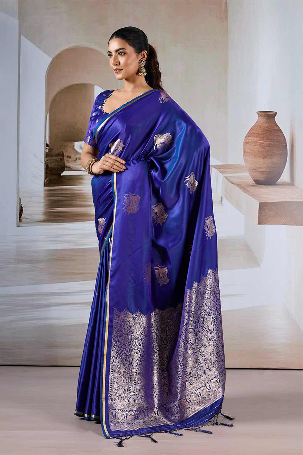Navy Blue Cow Motif Satin Weave Saree With Blouse