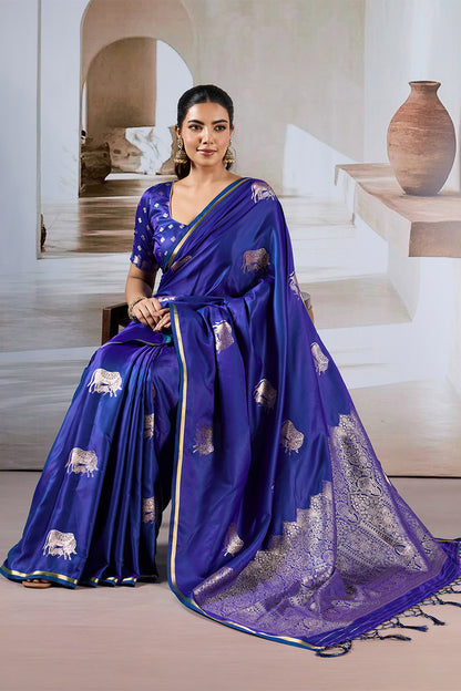 Navy Blue Cow Motif Satin Weave Saree With Blouse
