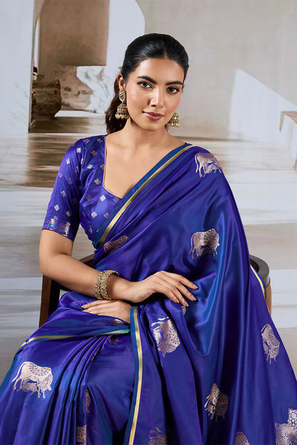 Navy Blue Cow Motif Satin Weave Saree With Blouse