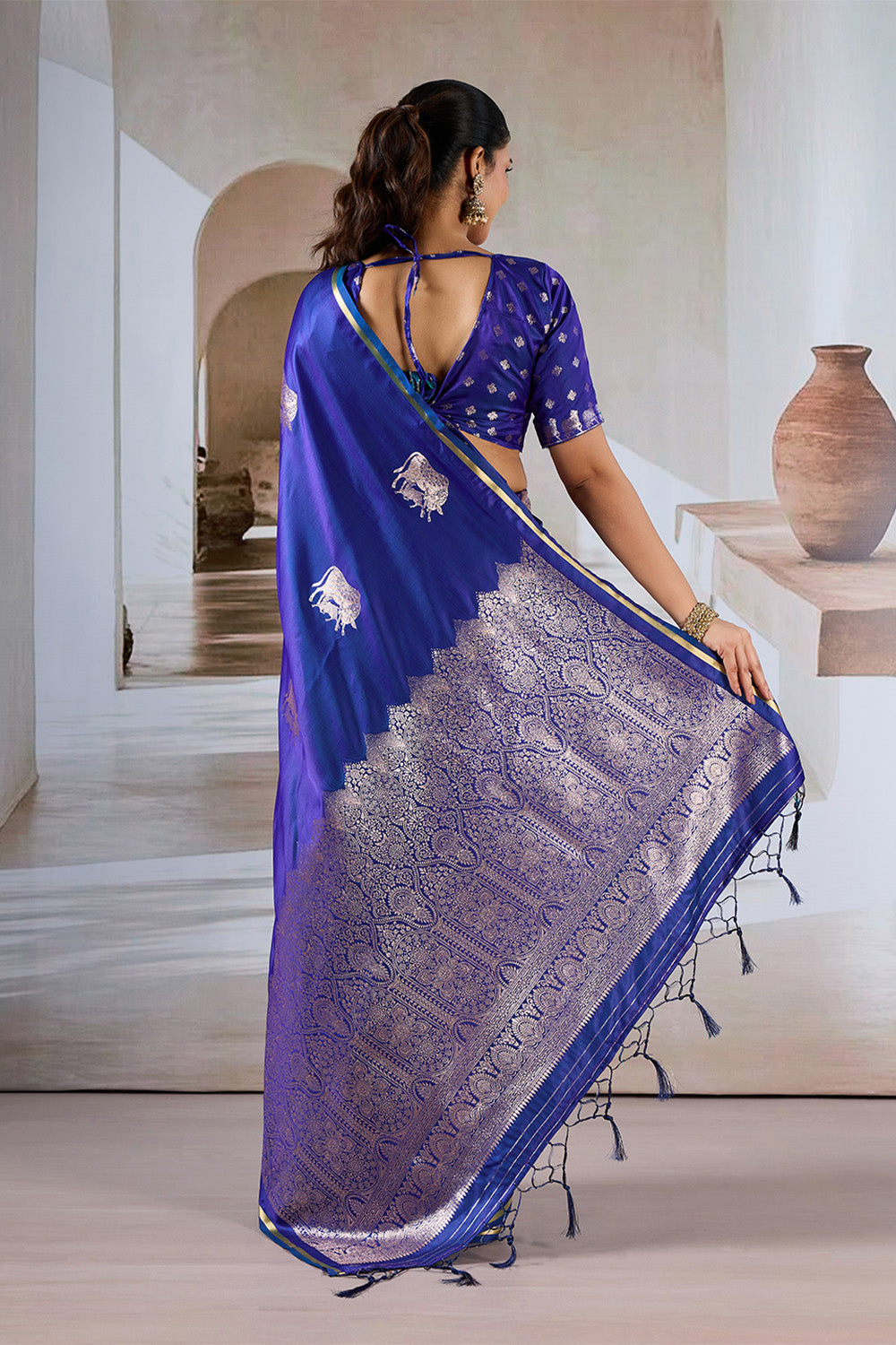 Navy Blue Cow Motif Satin Weave Saree With Blouse