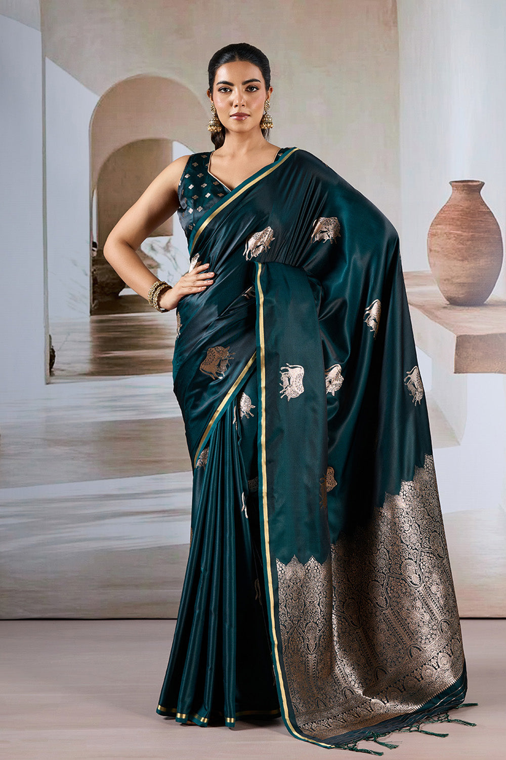 Green Cow Motif Satin Weave Saree With Blouse