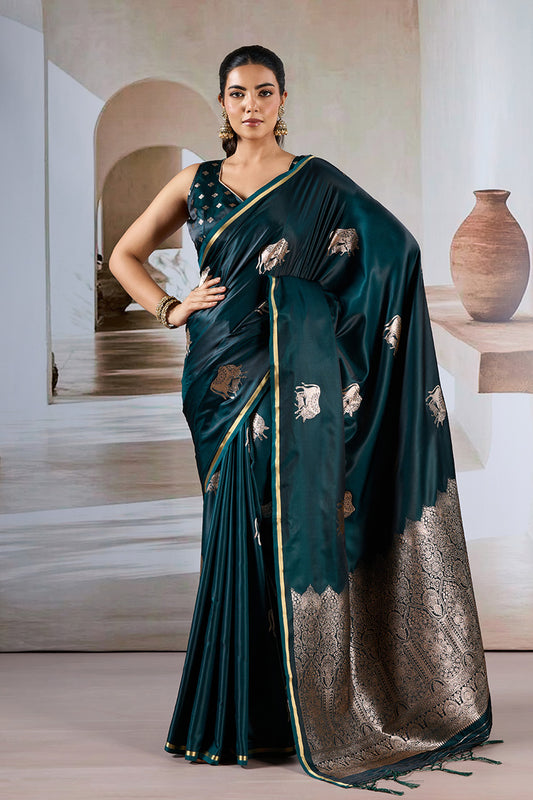 Green Cow Motif Satin Weave Saree With Blouse