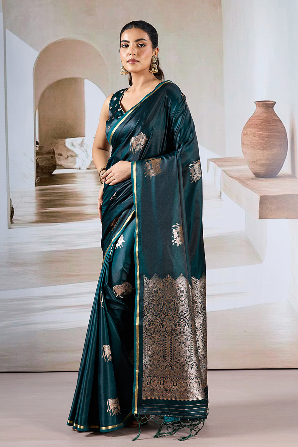 Green Cow Motif Satin Weave Saree With Blouse