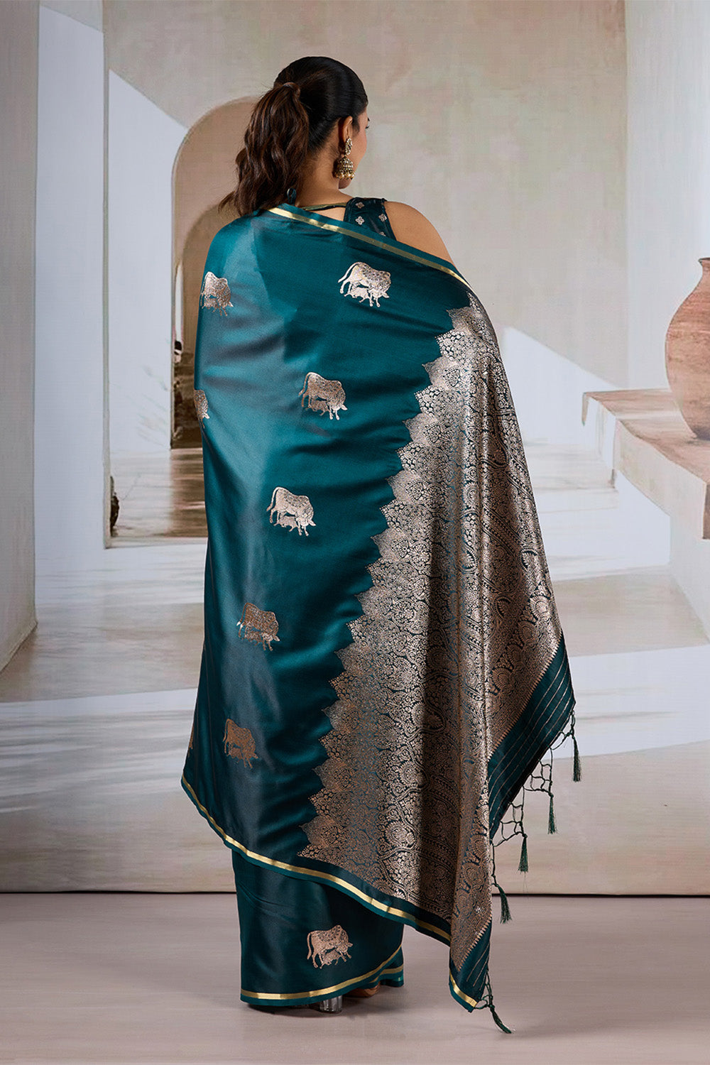 Green Cow Motif Satin Weave Saree With Blouse