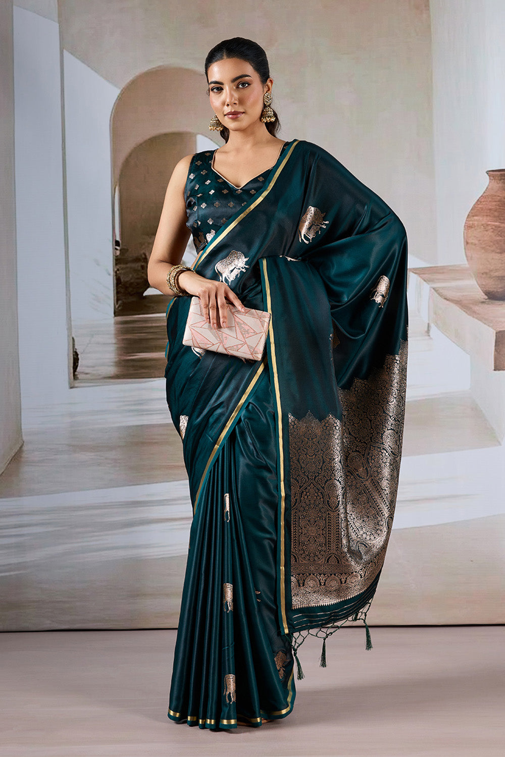Green Cow Motif Satin Weave Saree With Blouse