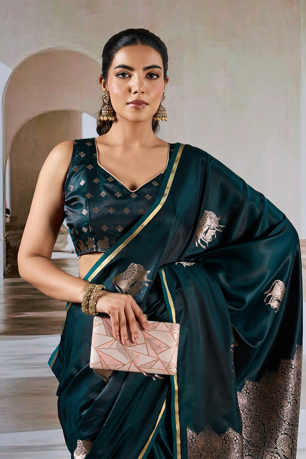 Green Cow Motif Satin Weave Saree With Blouse