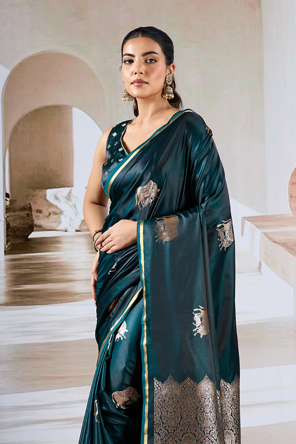 Green Cow Motif Satin Weave Saree With Blouse