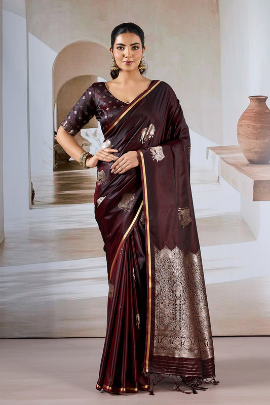 Maroon Cow Motif Satin Weave Saree With Blouse