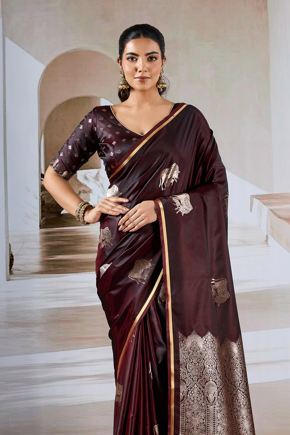 Maroon Cow Motif Satin Weave Saree With Blouse
