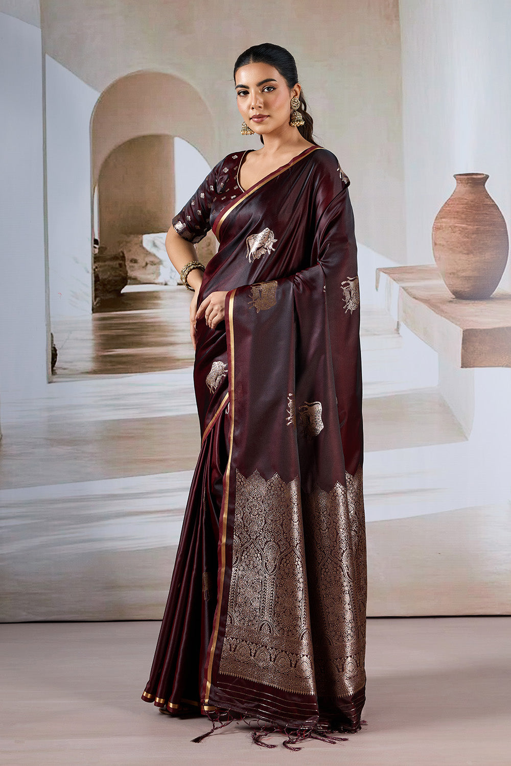 Maroon Cow Motif Satin Weave Saree With Blouse