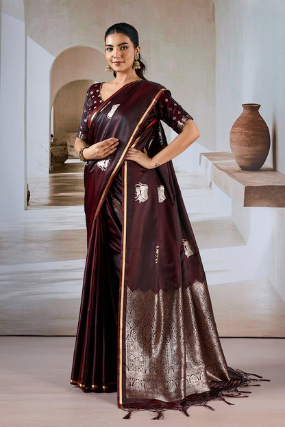 Maroon Cow Motif Satin Weave Saree With Blouse
