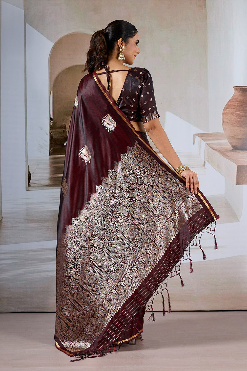 Maroon Cow Motif Satin Weave Saree With Blouse