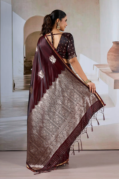 Maroon Cow Motif Satin Weave Saree With Blouse