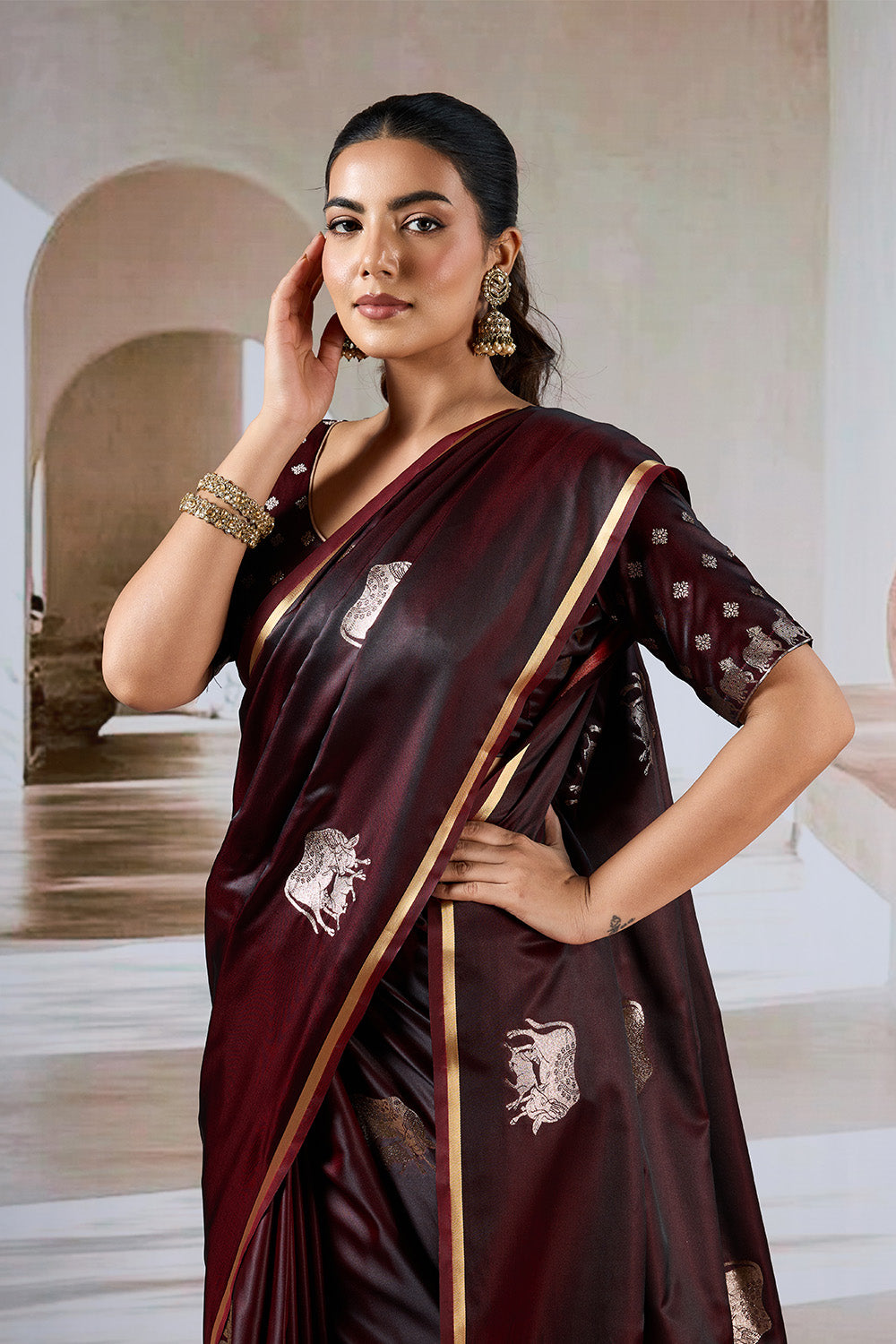 Maroon Cow Motif Satin Weave Saree With Blouse