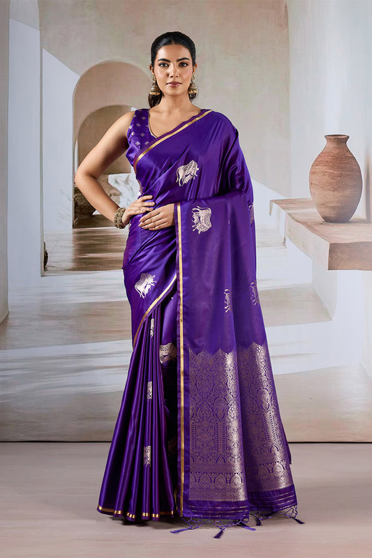 Purple Cow Motif Satin Weave Saree With Blouse