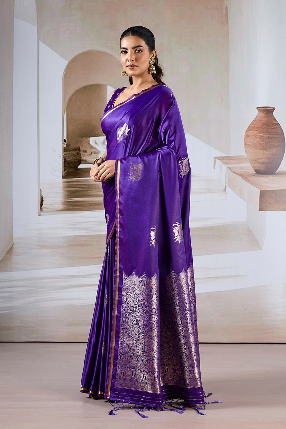 Purple Cow Motif Satin Weave Saree With Blouse