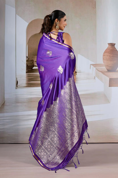 Purple Cow Motif Satin Weave Saree With Blouse