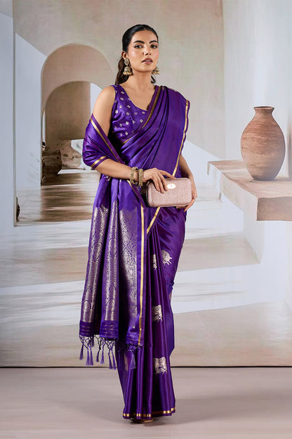 Purple Cow Motif Satin Weave Saree With Blouse