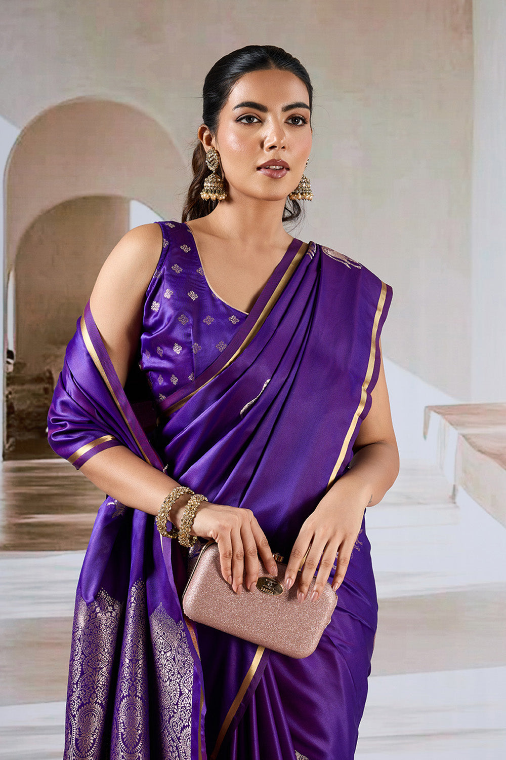 Purple Cow Motif Satin Weave Saree With Blouse