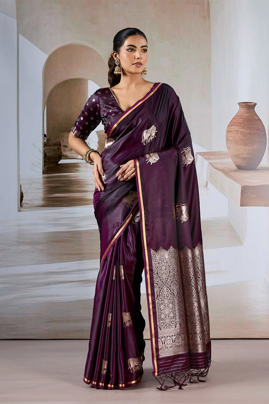 Deep Purple Cow Motif Satin Weave Saree With Blouse