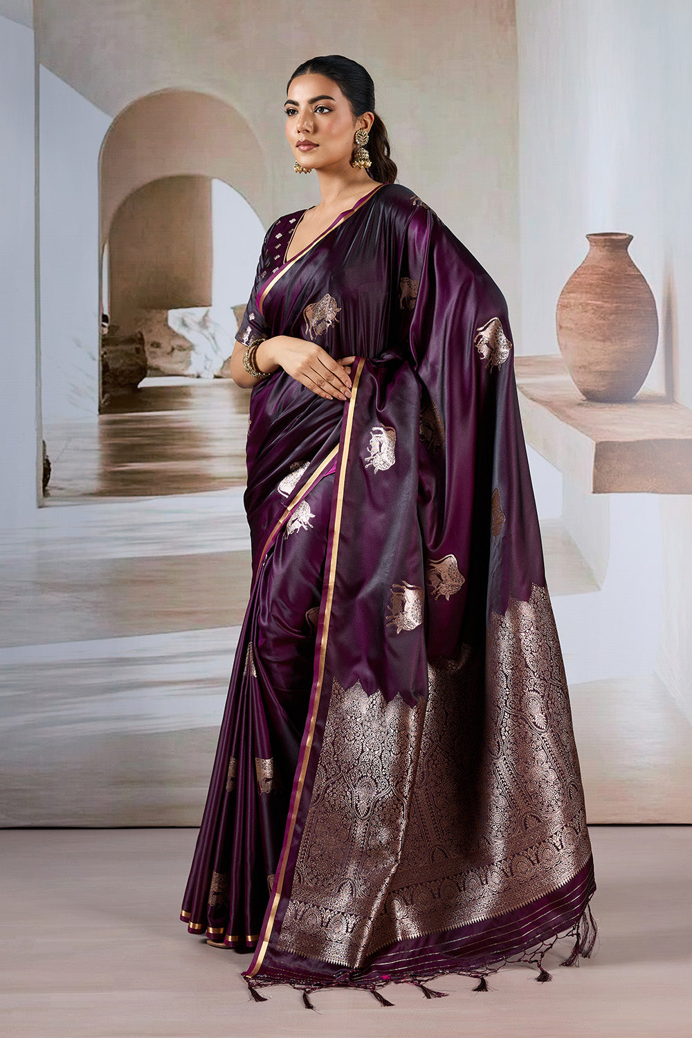 Deep Purple Cow Motif Satin Weave Saree With Blouse