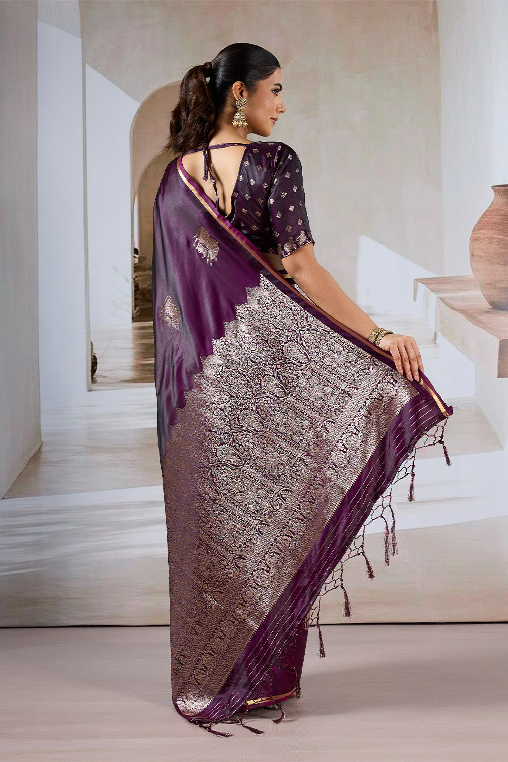 Deep Purple Cow Motif Satin Weave Saree With Blouse