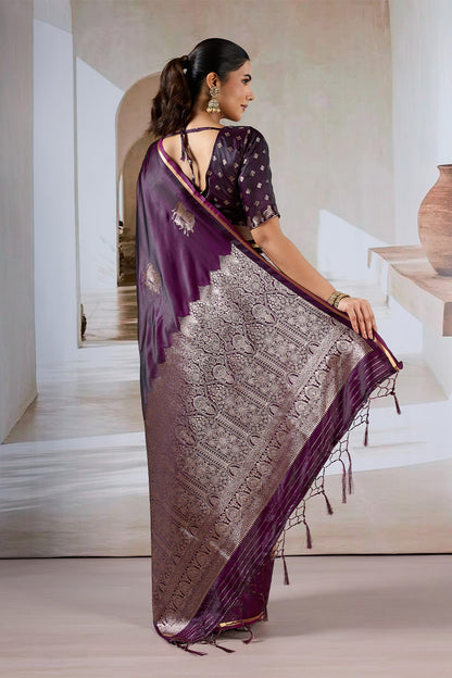 Deep Purple Cow Motif Satin Weave Saree With Blouse