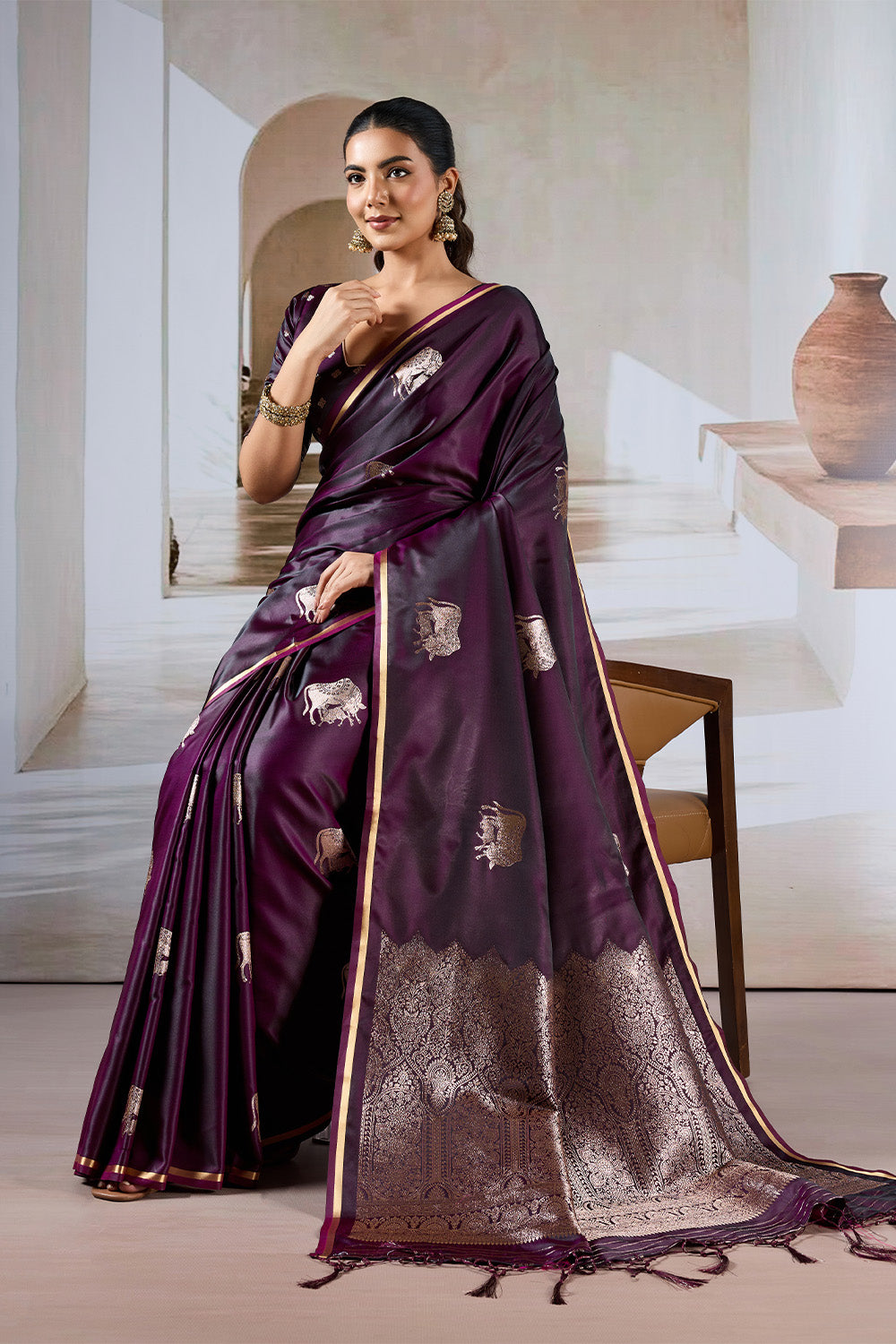 Deep Purple Cow Motif Satin Weave Saree With Blouse