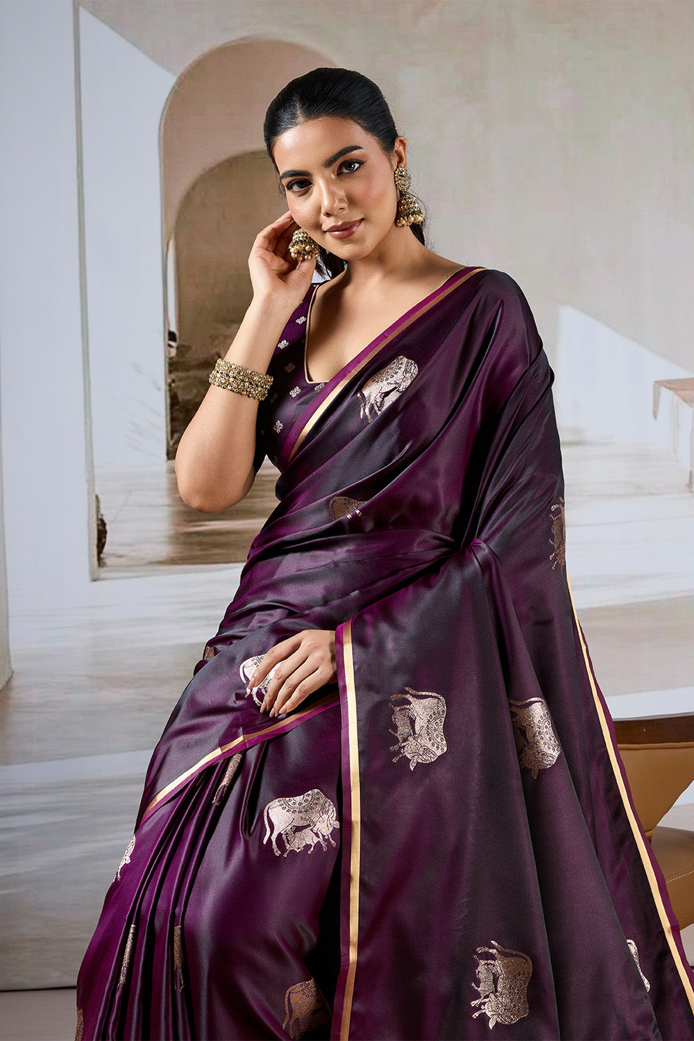 Deep Purple Cow Motif Satin Weave Saree With Blouse
