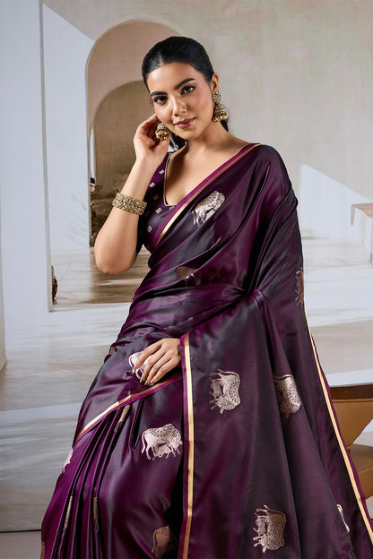 Deep Purple Cow Motif Satin Weave Saree With Blouse