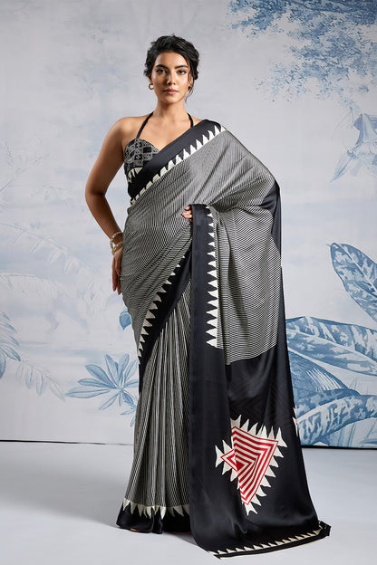 Black MODAL SATIN AJRAKH PRINT SAREES