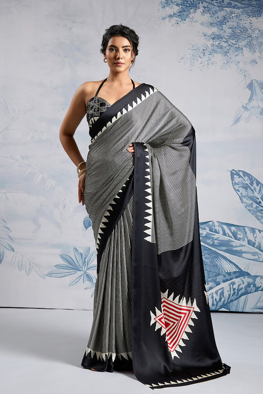 Black MODAL SATIN AJRAKH PRINT SAREES