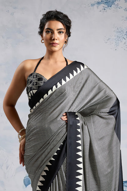 Black MODAL SATIN AJRAKH PRINT SAREES