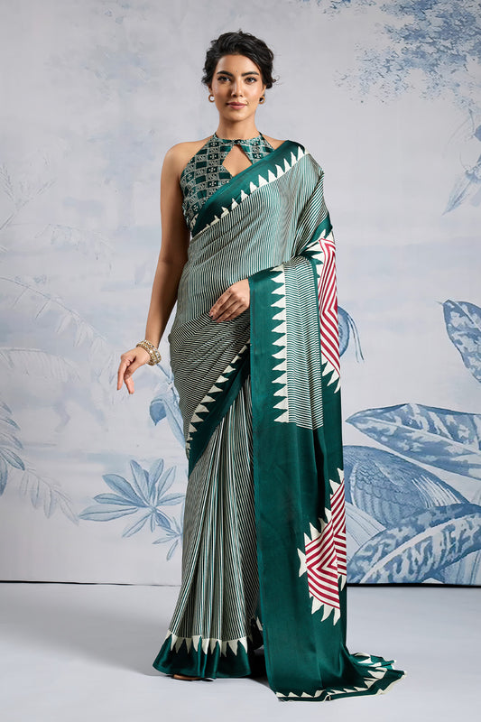 Green Modal Satin Ajrakh Print Sarees With Blouse