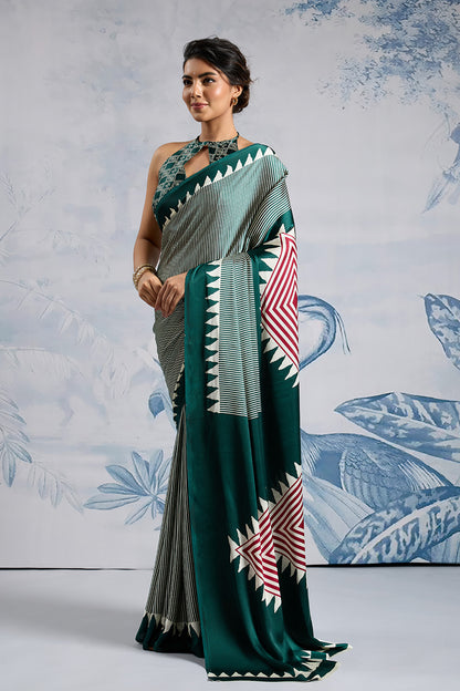 Green Modal Satin Ajrakh Print Sarees With Blouse