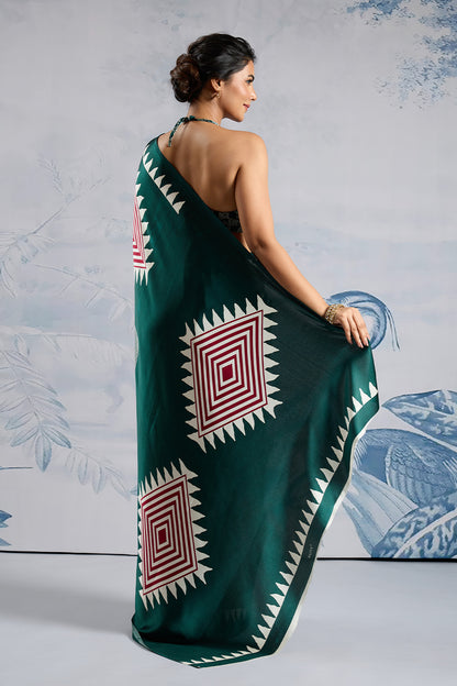Green Modal Satin Ajrakh Print Sarees With Blouse