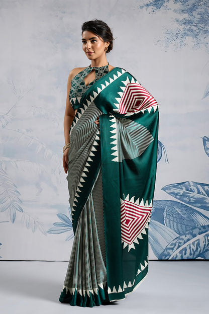 Green Modal Satin Ajrakh Print Sarees With Blouse