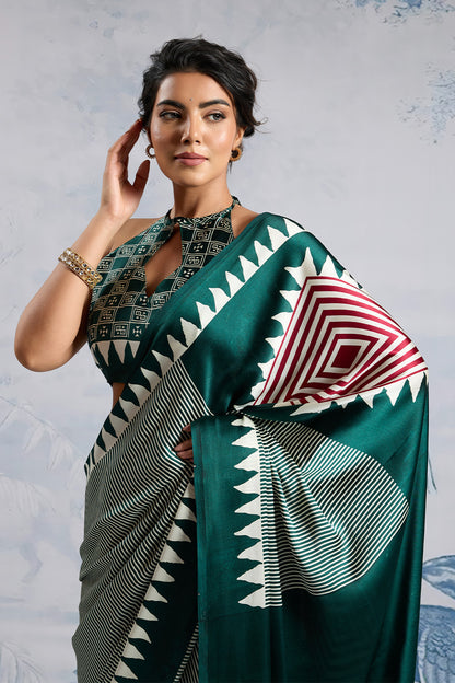 Green Modal Satin Ajrakh Print Sarees With Blouse