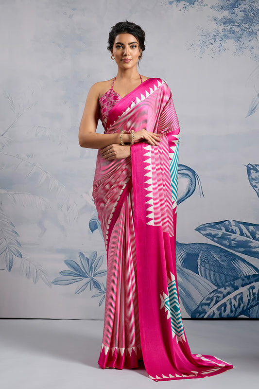 Pink Modal Satin Ajrakh Print Sarees With Blouse