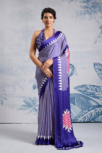 Purple Modal Satin Ajrakh Print Sarees With Blouse