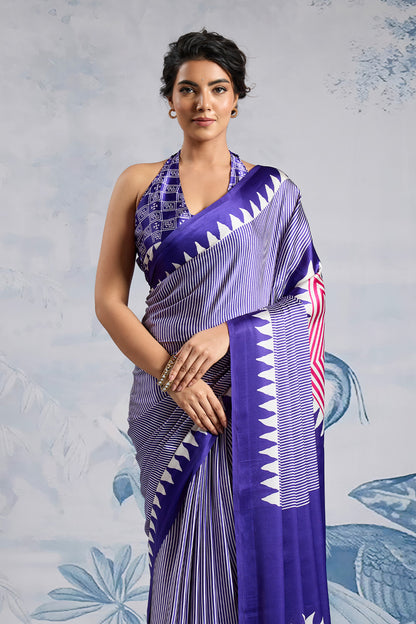 Purple Modal Satin Ajrakh Print Sarees With Blouse