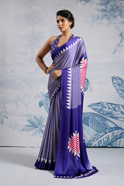 Purple Modal Satin Ajrakh Print Sarees With Blouse
